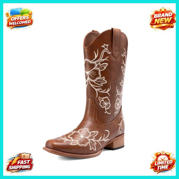 Women's Western Cowboy Boots Square Toe Embroidered Mid Calf Low Heel